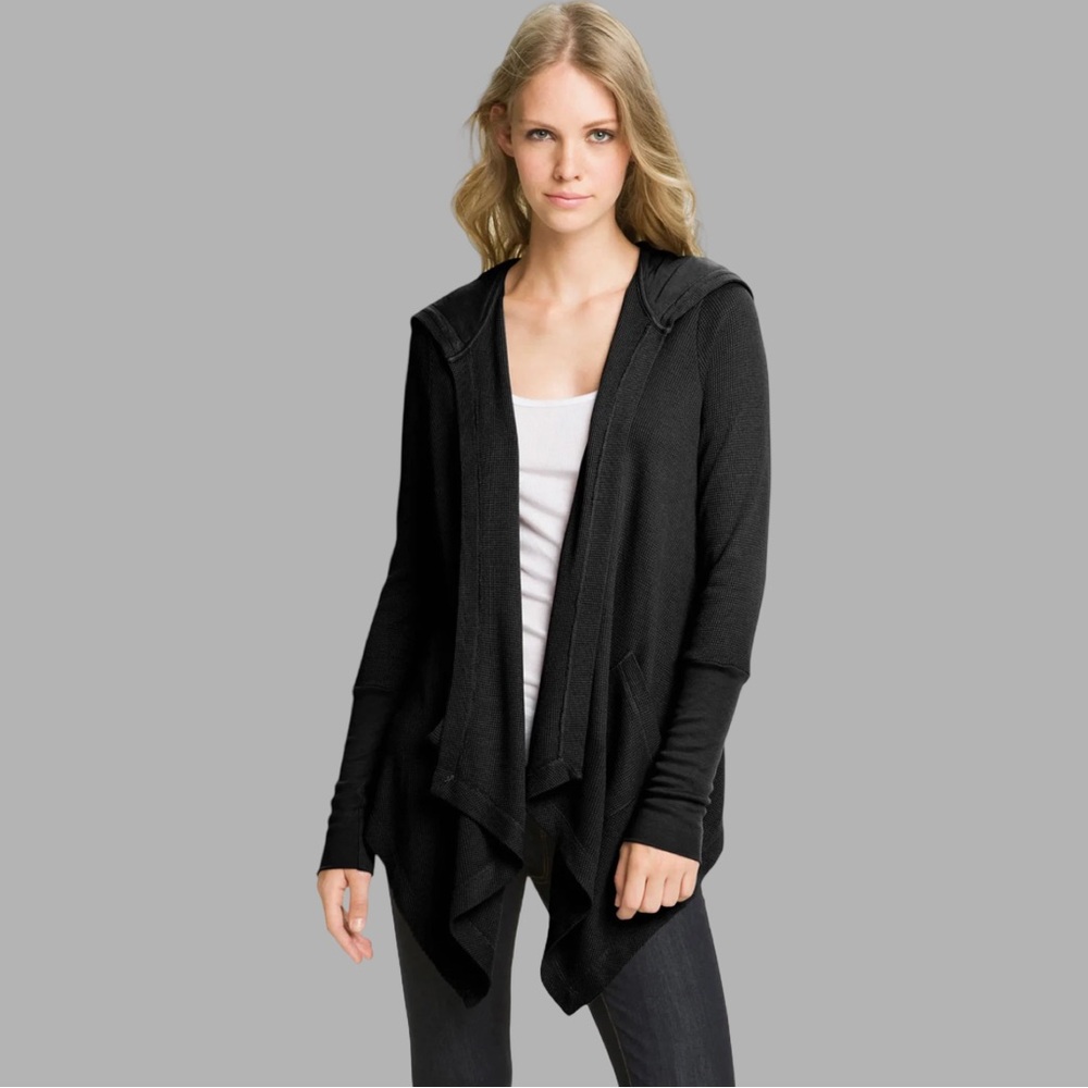 Splendid Black Waffle Knit Thermal Hooded Cardigan